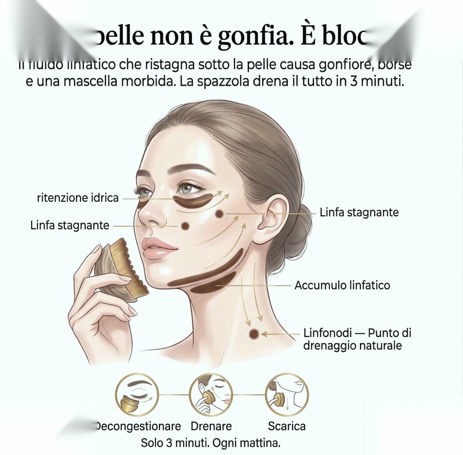 Infografica drenaggio linfatico viso - come funziona la spazzola Ayhura per ridurre il gonfiore