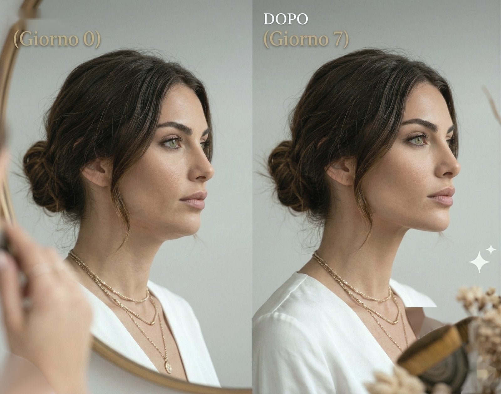 Prima e dopo Giorno 0 vs Giorno 7 con spazzola Ayhura - profilo allo specchio